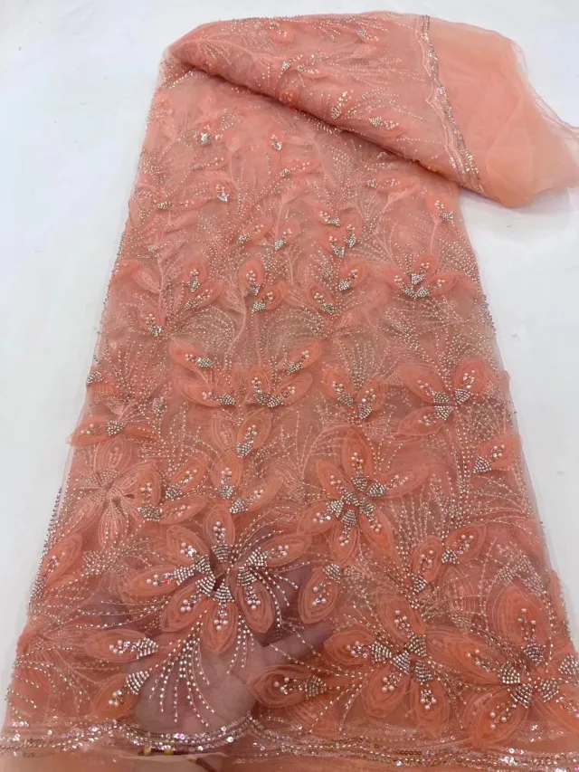 Ribbon Flower Beaded Tulle Lace Fabric Cocktail Party Occasion Evening Dress Embroidered Cloth Lace Red - Shop at LoveMi