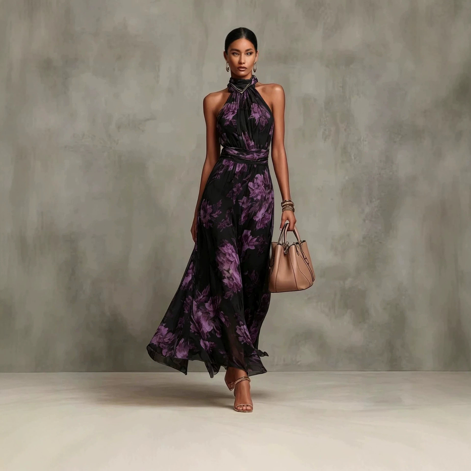 Women's Halter-Neck Printed Chiffon Maxi Dress – Black and Purple colorway front view