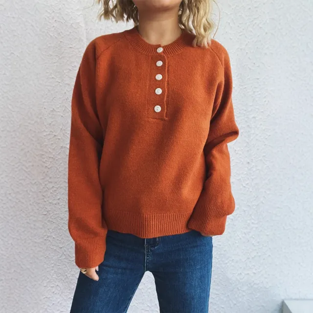 Women's Solid Color Buttons Casual Knitted Round Neck Long Sleeve Warm Sweater Brown - Shop at LoveMi