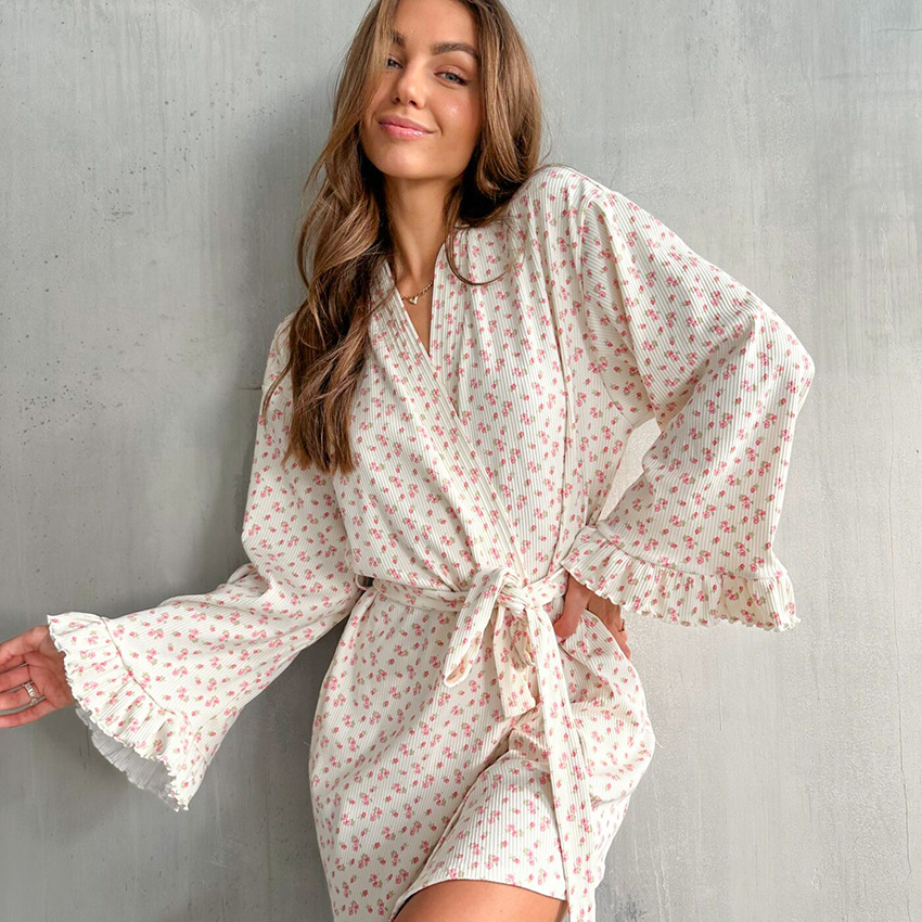 Lace Trimmed Long Sleeve Printed Nightgown Bathrobe With Floral Print Womens Loungewear