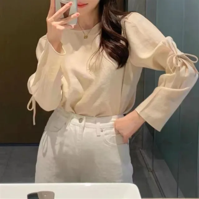 Lace up Solid Color Gentle And All match Round Neck Long Sleeve Shirt Apricot - Shop at LoveMi