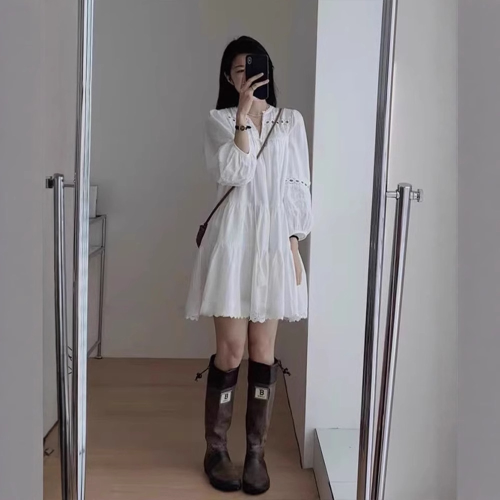 Womens Ethnic-Style Hollowed-Out French-Style Patchwork Long-Sleeve Dress - Image 2