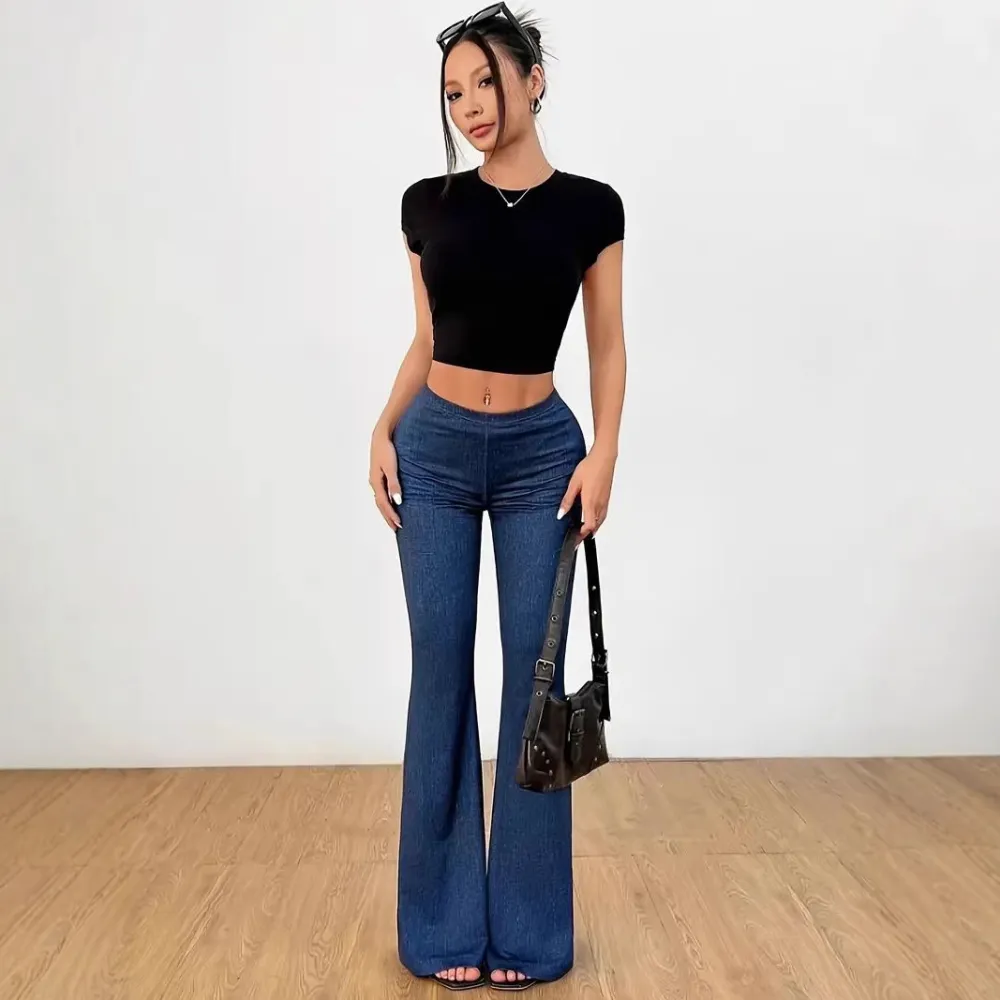 Women's High Waist Denim Printing Bell-bottom Pants