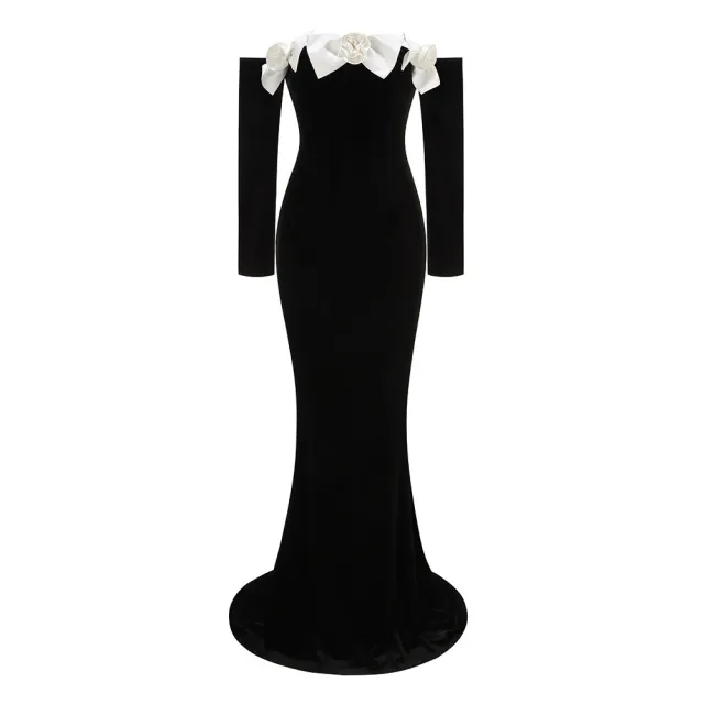Black Long Sleeve Velvet Dress Fishtail Gown Black - Shop at LoveMi