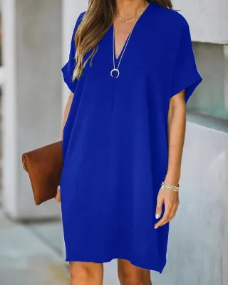 Casual V-n Collar Short Sleeve Home Decoration Dress - Blue