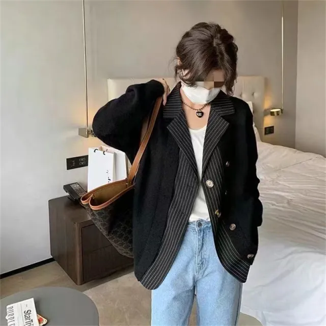 Sweater Cardigan Women's Fake Two piece Autumn And Winter Loose Lazy Design Sense Niche Mid length Knitted Coat Black - Shop at LoveMi