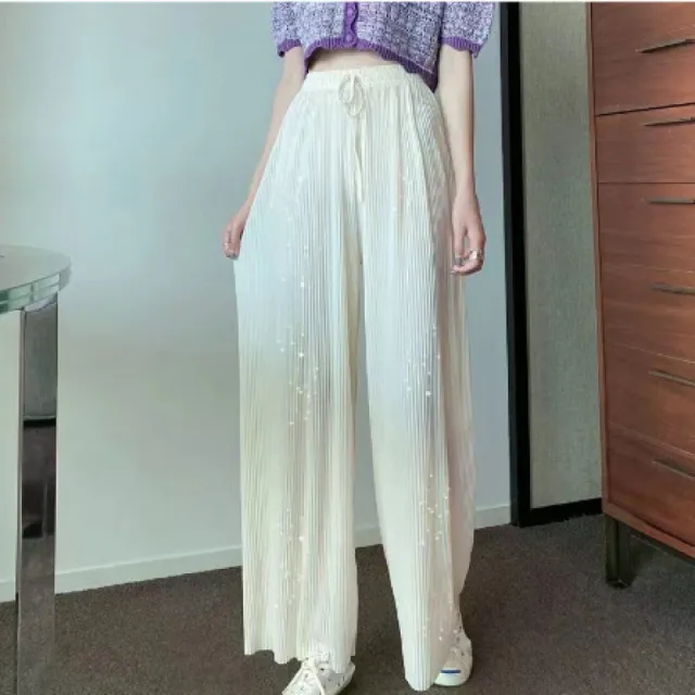Loose Straight Pleated Ice Silk Leggings Draped Pants Thin High Waist Milky White - Shop at LoveMi