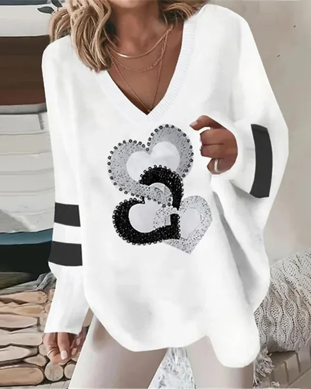 Autumn And Winter New Loose V neck Geometric Long sleeved Sweater White - Shop at LoveMi