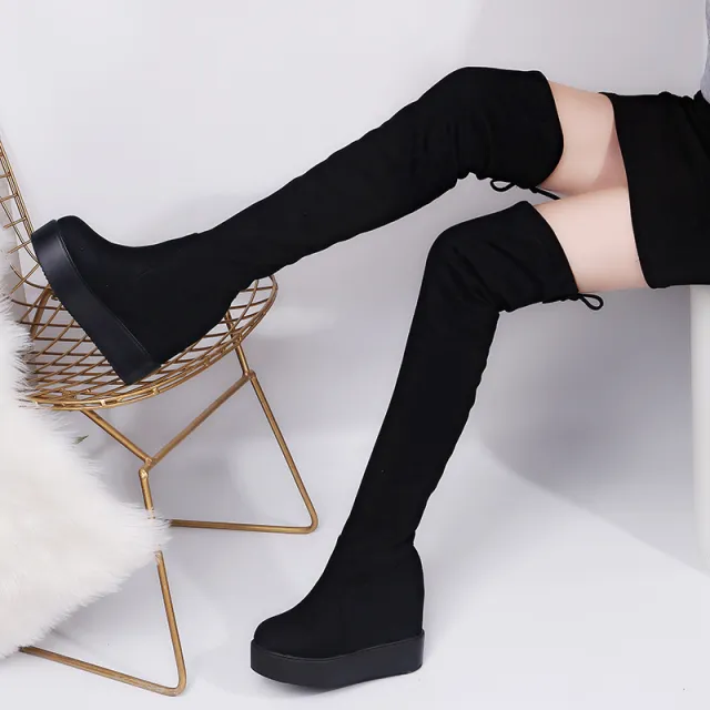 Suede Matte Slimming Stretch Over the knee Boots Lightweight Platform Women Black - Shop at LoveMi