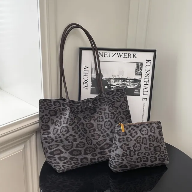 Leisure Large Capacity Leopard Print Hand held Tote Shoulder Bag Gray - Shop at LoveMi