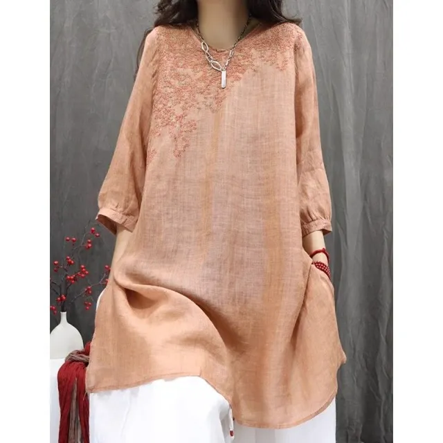 Vintage Embroidered Loose Slim fit Bohemian Casual Mid length Top Orange - Shop at LoveMi