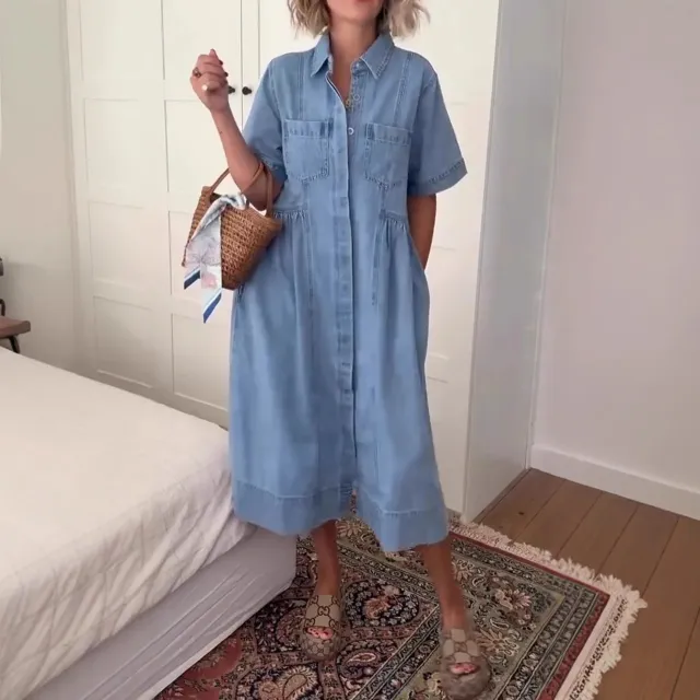 Fashionable Women's Turn down Collar Denim Skirt With Pockets Blue - Shop at LoveMi
