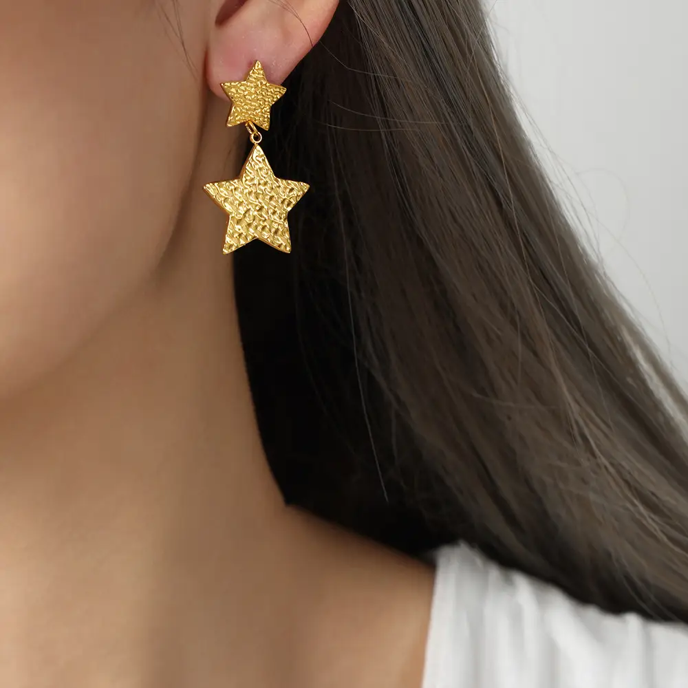 Stars Heart Design Eardrops Stud Earrings Titanium Steel Gold Plated Earrings