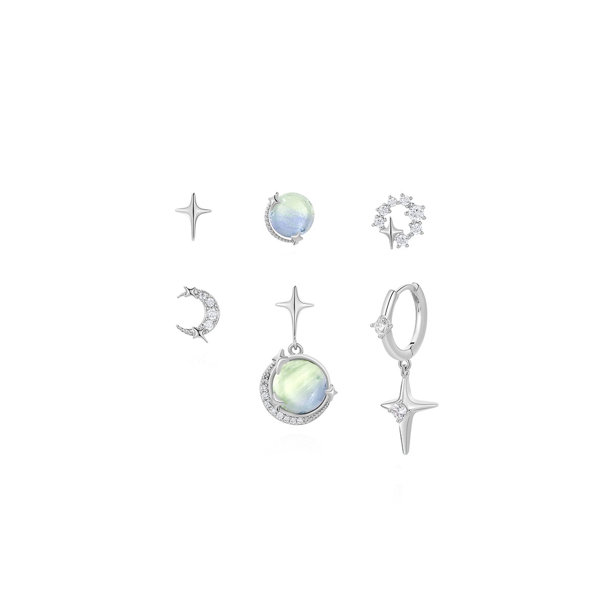 Star Moon Zircon Silver Needle Six-piece Earrings
