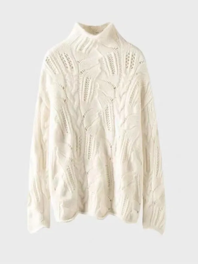 Half Turtleneck Hollow Sweater Beige - Shop at LoveMi