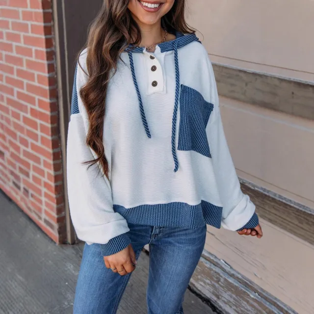 Women's Contrast Color Twist Strip Hooded Sweater White - Shop at LoveMi