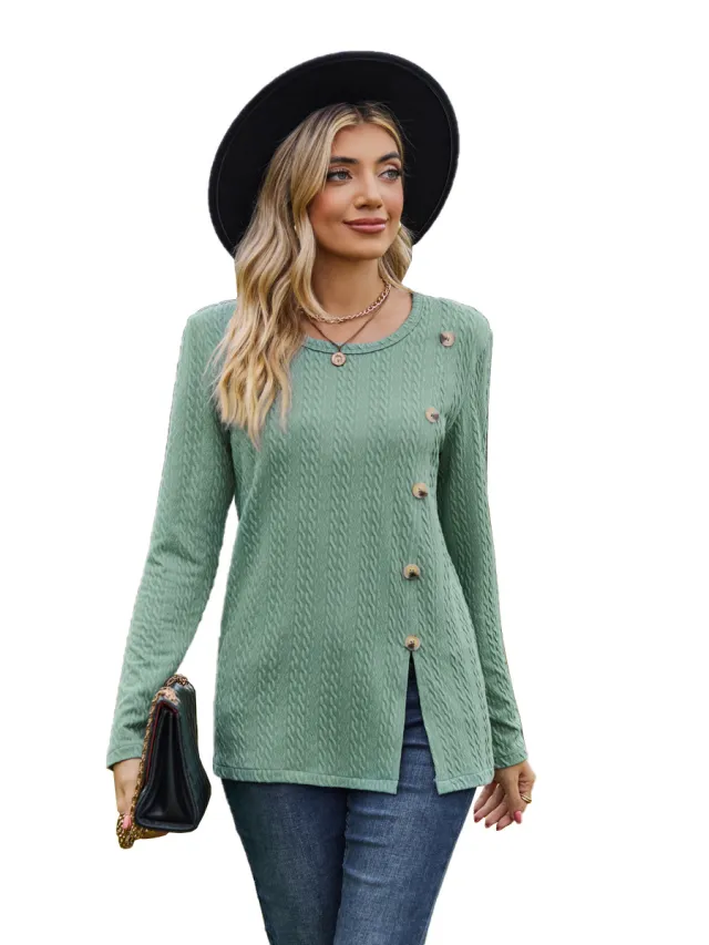 Women's Round Neck Button Split T shirt Top Green - Shop at LoveMi