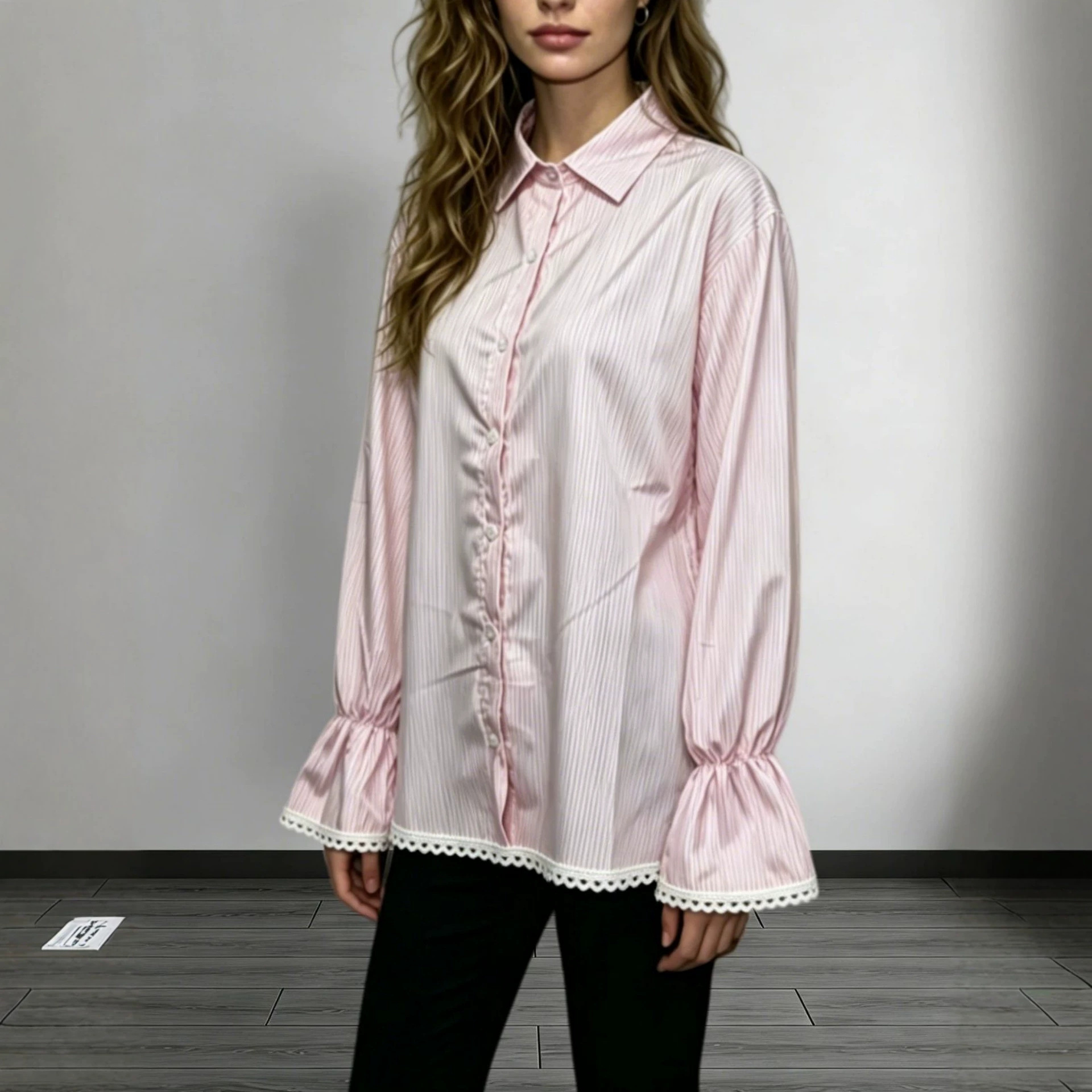 Lace Hollowed-Out Trim Flared-Sleeve Fashionable Long-Sleeve Shirt For Women