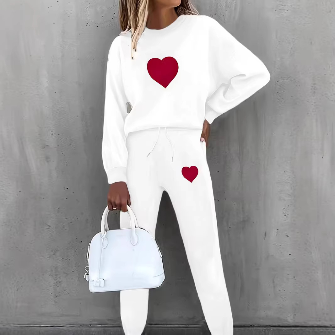 Simple Heart-printed Stylish And Warm Fleece Crew-neck Hoodie And Sweatpants Set