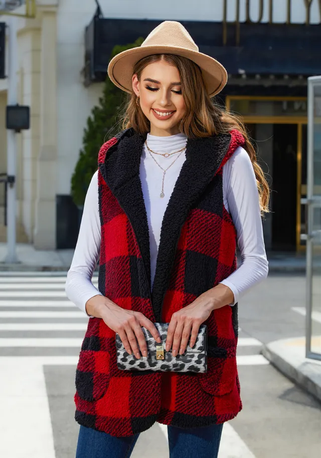 Cardigan Plaid Plush Vest Coat For Women Red - Shop at LoveMi