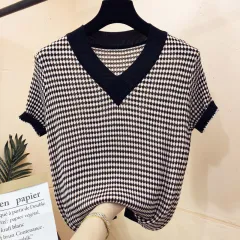 Summer Ice Silk Short-sleeved T-shirt Women's Sweater Fine Plaid V-neck Bottoming Shirt Top - Black - View 1