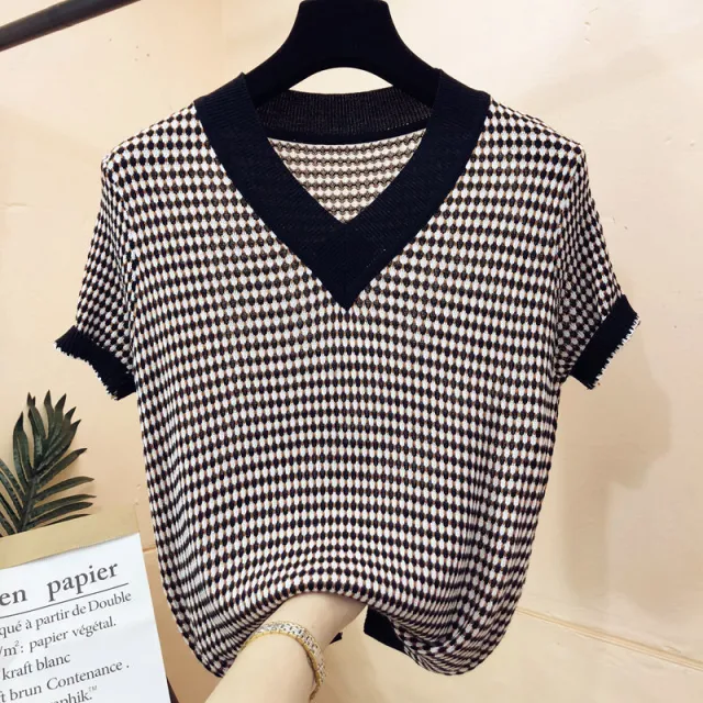 Summer Ice Silk Short sleeved T shirt Women's Sweater Fine Plaid V neck Bottoming Shirt Top Black - Shop at LoveMi