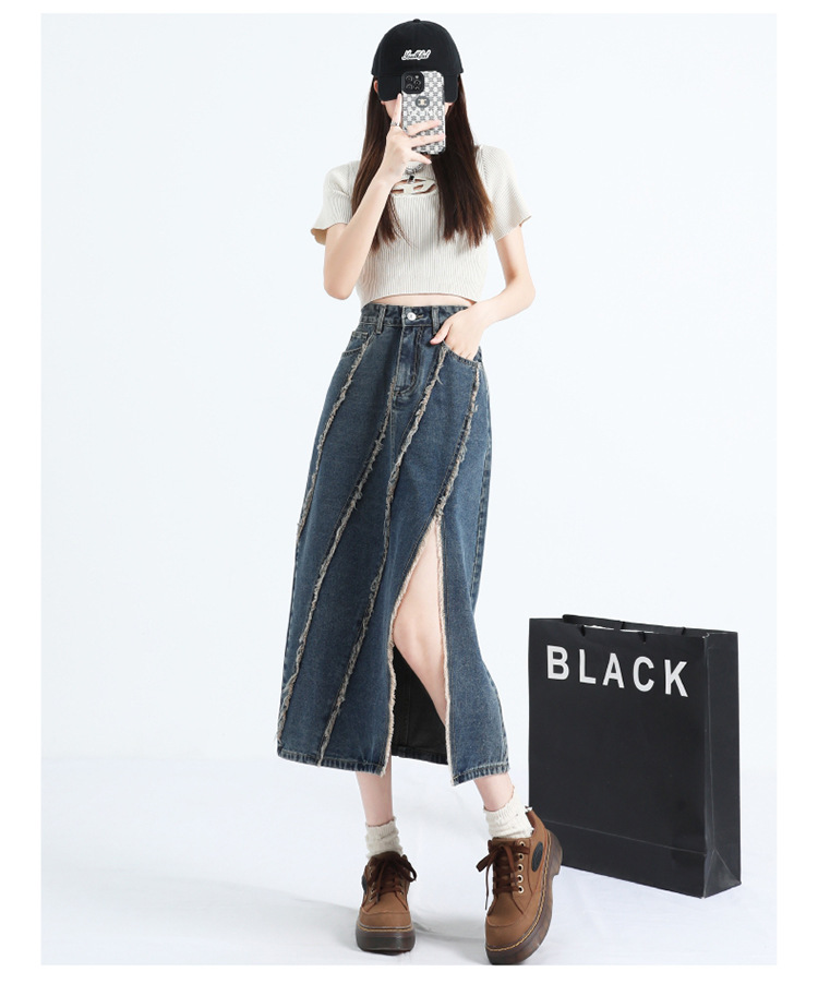 Street-Style Khaki High-Waisted Denim Skirt, Raw Hem & Slit