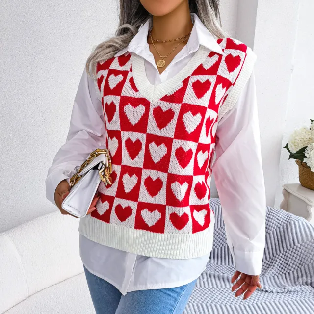 College Style Heart Knitted Vest Sweater Red - Shop at LoveMi
