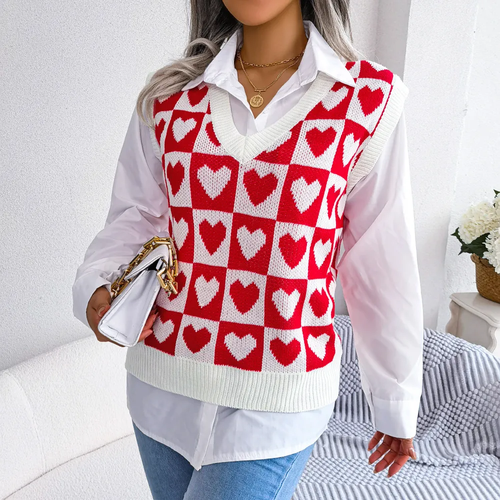 College Style Heart Knitted Vest Sweater - Red