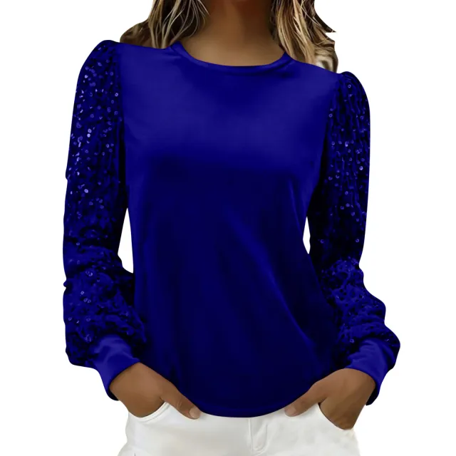 Velvet Crew Neck Sequin Patchwork Long Sleeve T Shirt Top Blue - Shop at LoveMi