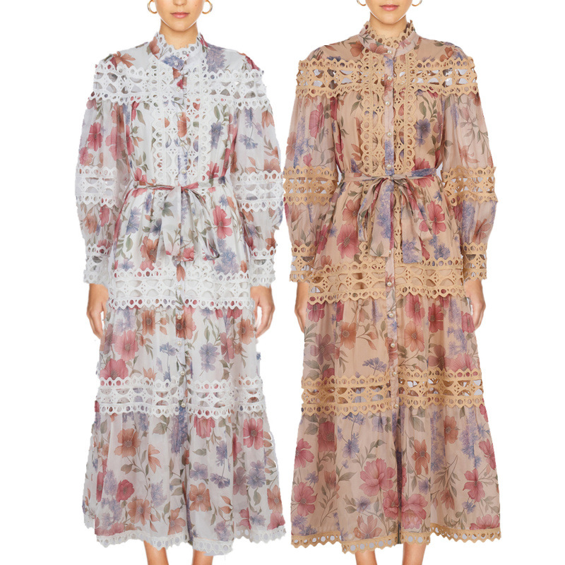 Floral Print Stand-collar Hollow-out Single-breasted Long Dress