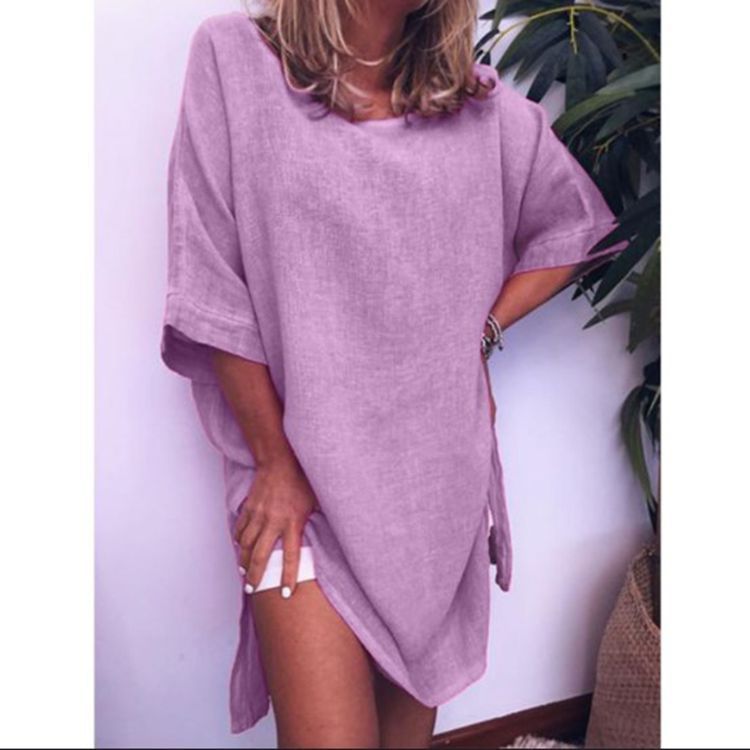Summer Leisure Cotton And Linen Solid Color Hem Split Dress Purple - Shop at LoveMi