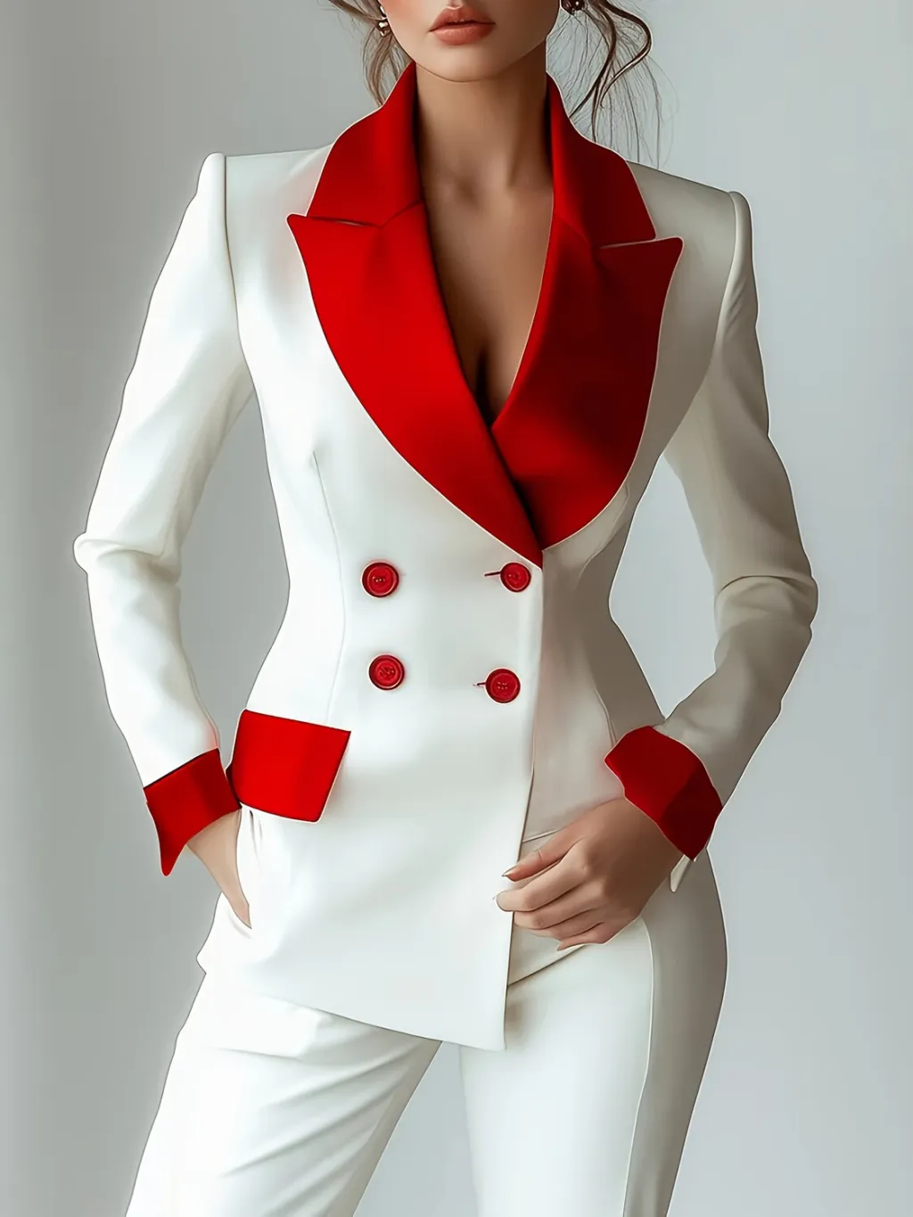 Long Sleeve Button Suit Collar Patchwork Pocket Coat - White And Red