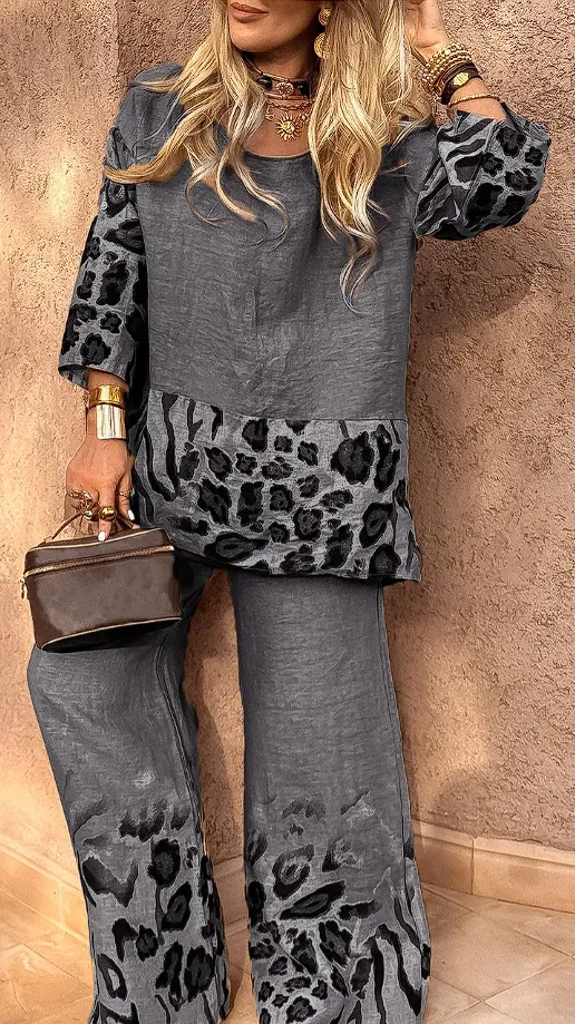 Women's Casual Cool Cotton And Linen Leopard Print Printed Two piece Suit Leopard - Shop at LoveMi