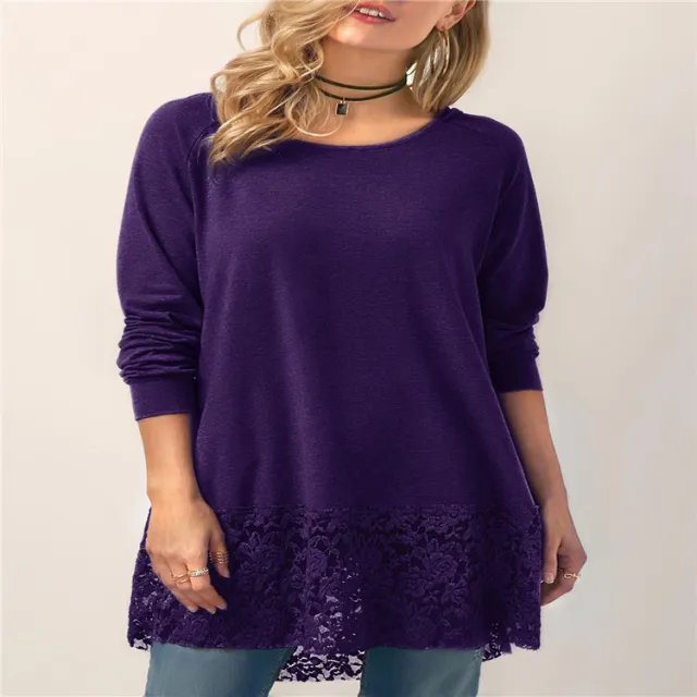 Lace Stitching Hooded Solid Color Long sleeved T shirt Purple - Shop at LoveMi