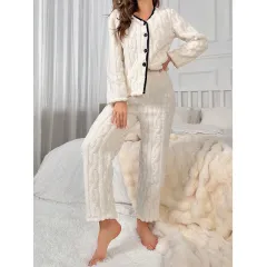 Cardigan Long Sleeve Pants Suit High-end Homewear Can Be Worn Outside - White - View 1