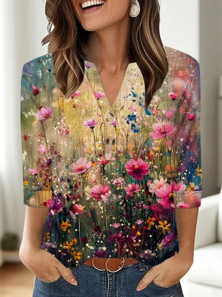 Women's 3D Printed Fashion Casual V neck Long sleeved T shirt Top Xl659 - Shop at LoveMi