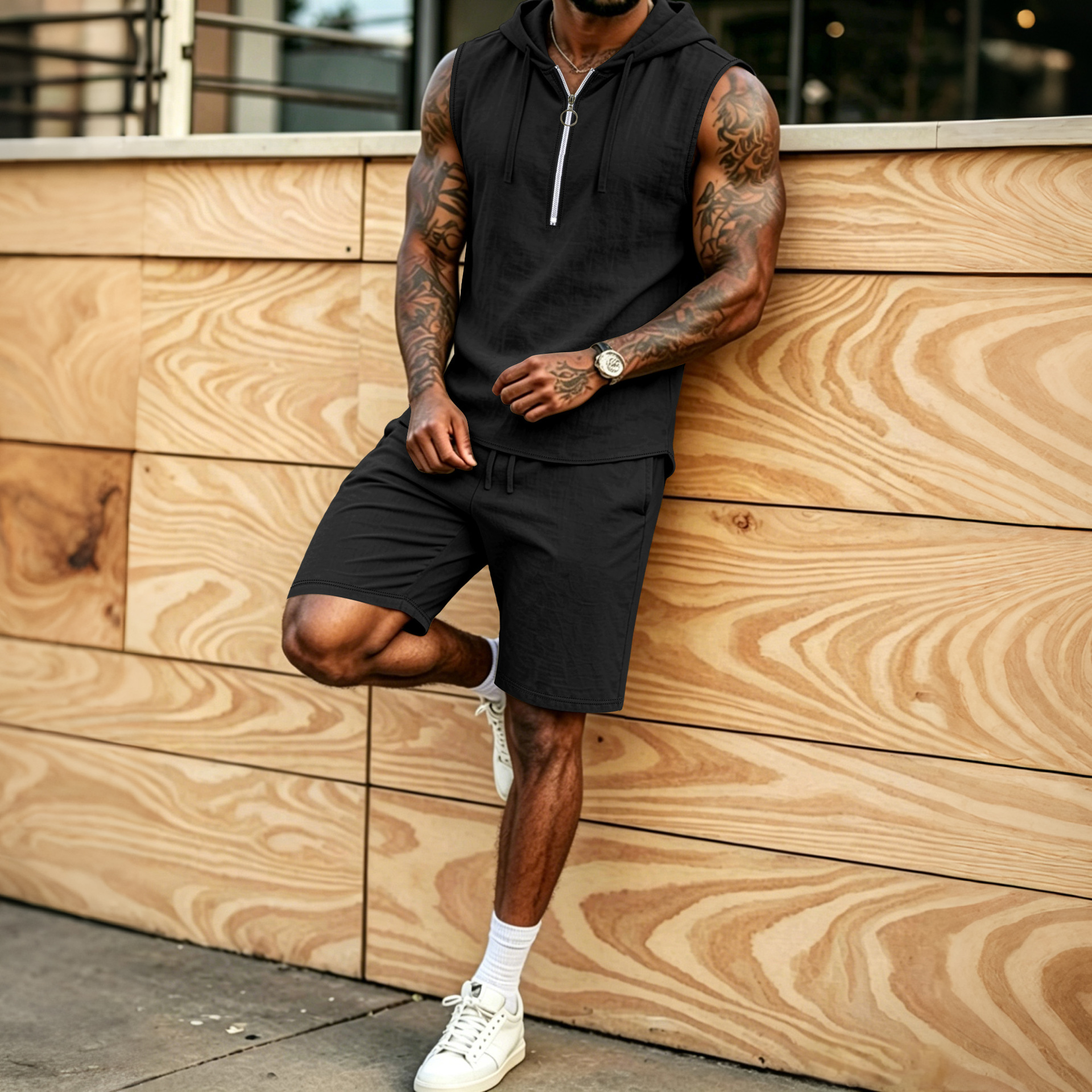 Mens Summer Loose Casual Hooded ZipUp Sleeveless Set 3