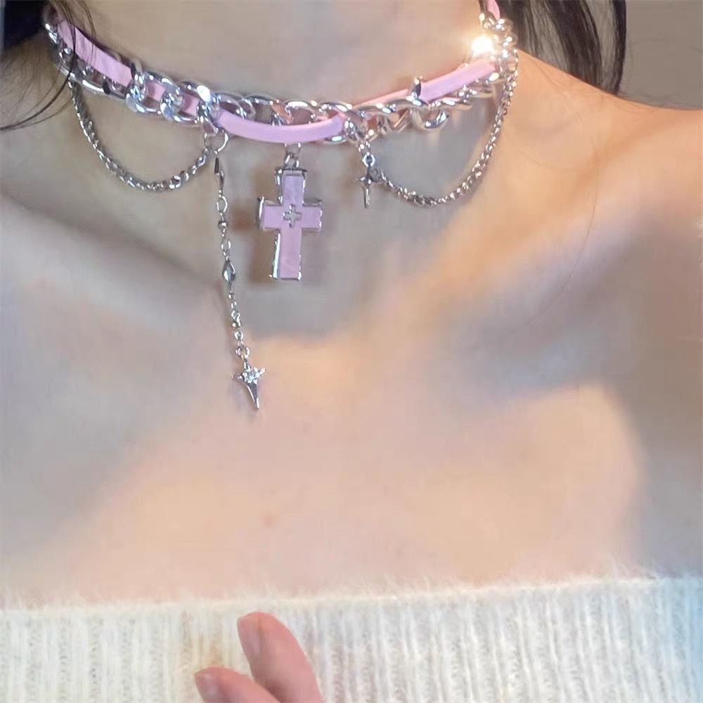 Heart Pendant Spliced Chain Choker Necklace Sweet Cool Style Accessory For Daily Wear