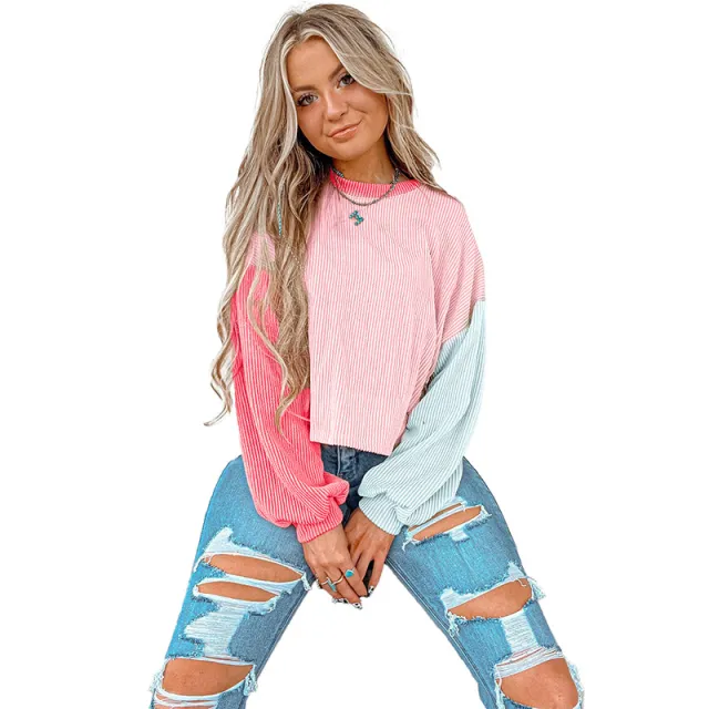 Casual Loose Color Contrast Patchwork Round Neck Women's Sweater Lc25128957P1022 S - Shop at LoveMi