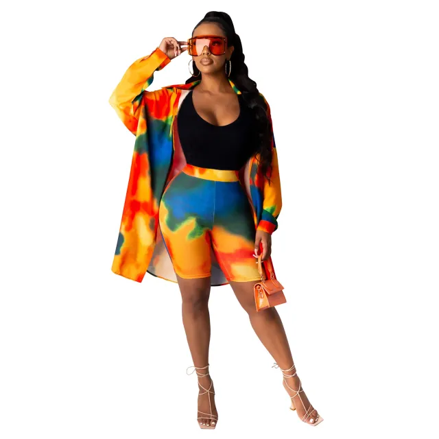 Women's Fashion Casual Contrast Color Pattern Printed Shirt Skirt Shorts Suit Orange - Shop at LoveMi