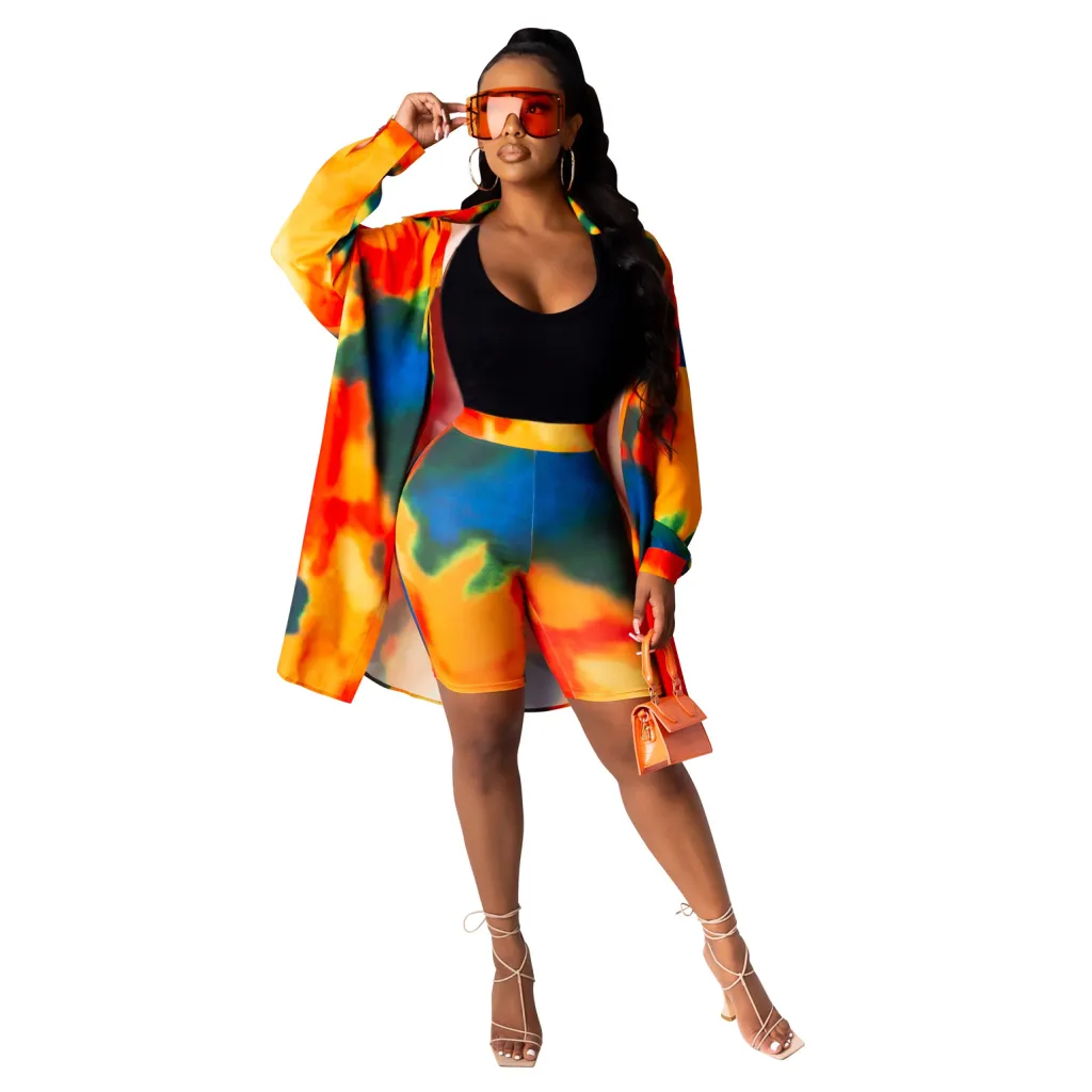Women's Fashion Casual Contrast Color Pattern Printed Shirt Skirt Shorts Suit - Orange
