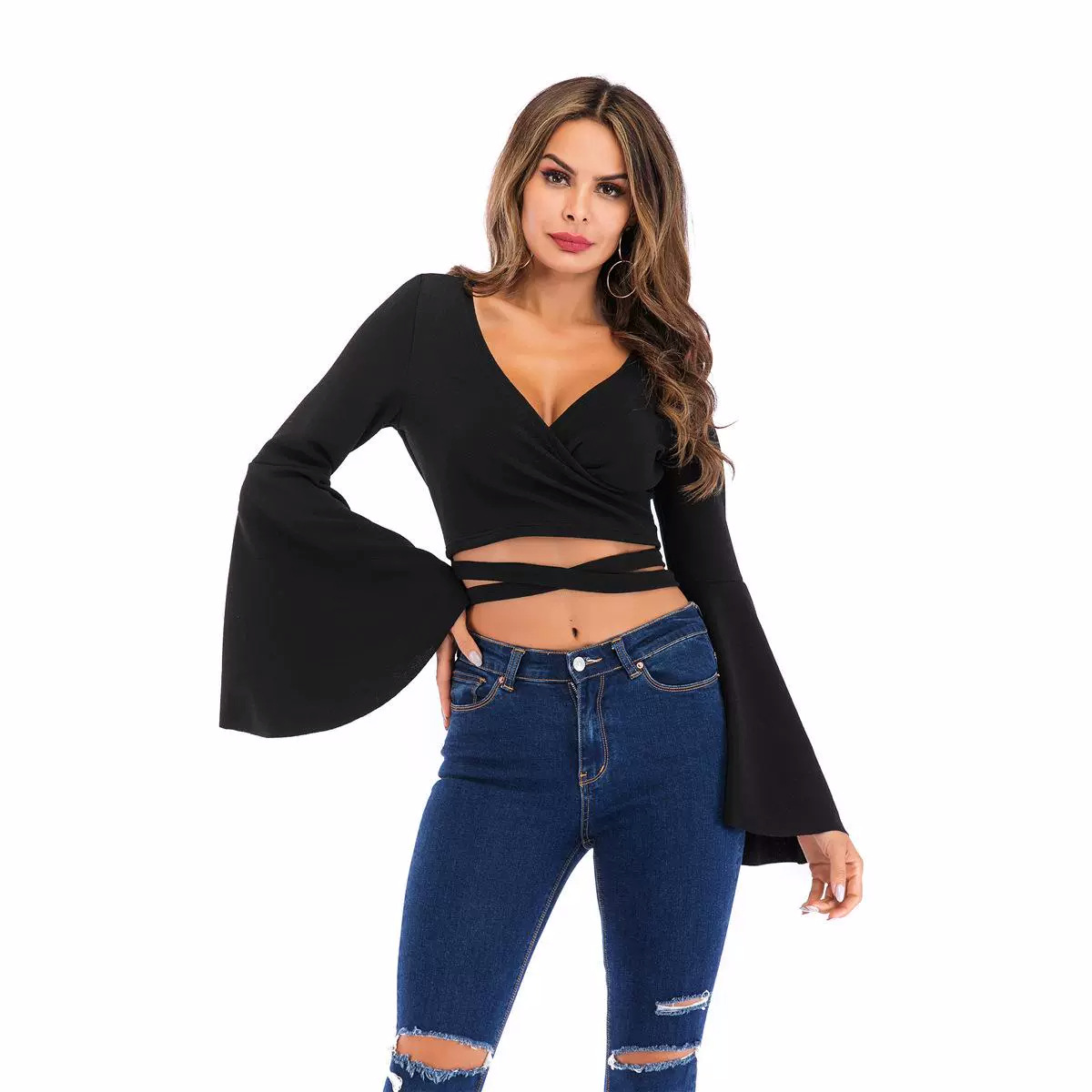 Sexy Lace-up Midriff-baring Long Sleeves With Bell Cuffs thumbnail 3