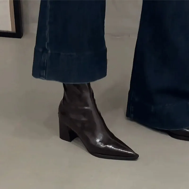 Women's Chunky Heel Back Zipper High Heel Pointed Ankle Boots - Brown