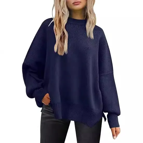 Thick Needle Side Slit Sweater Round Neck Loose Solid Color Batwing Long Sleeve Sweater For Women Blue - Shop at LoveMi