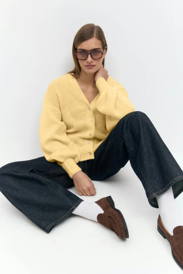Soft Mohair V neck Elegant Lazy Style Shell Buckle Lantern Sleeve Sweater Yellow - Shop at LoveMi