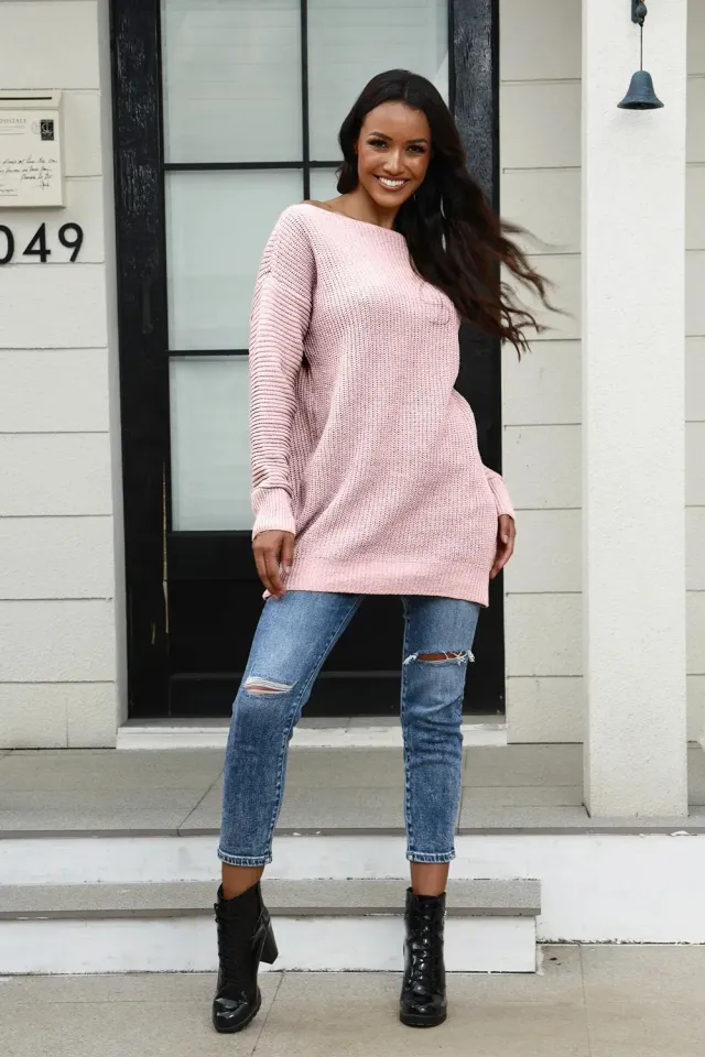 Mid length Off neck Loose Sweater Coat Pink - Shop at LoveMi