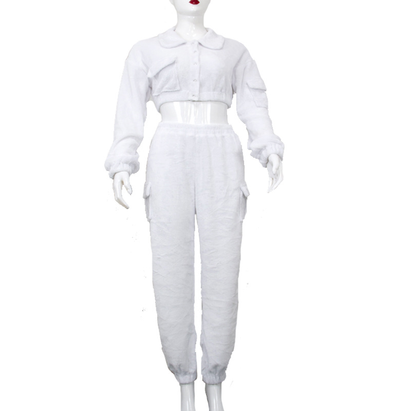 Plush Long-sleeved Trousers Tooling Style Casual Two-piece Set With Pockets