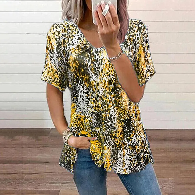Leopard Print Short Sleeve V-neck Top T-shirt Women's Clothing - Yellow