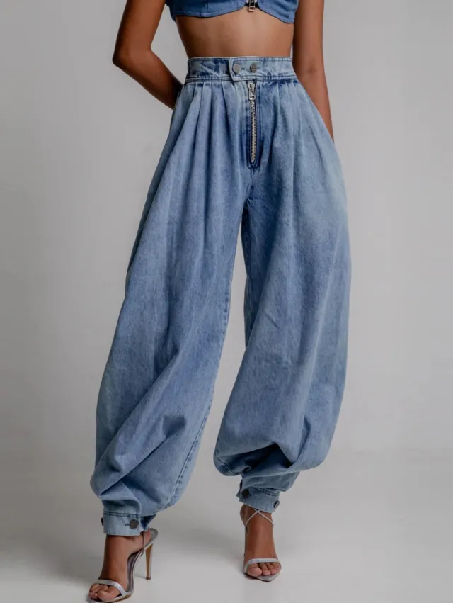 High Waist Zipper Denim Loose Harem Pants Blue - Shop at LoveMi
